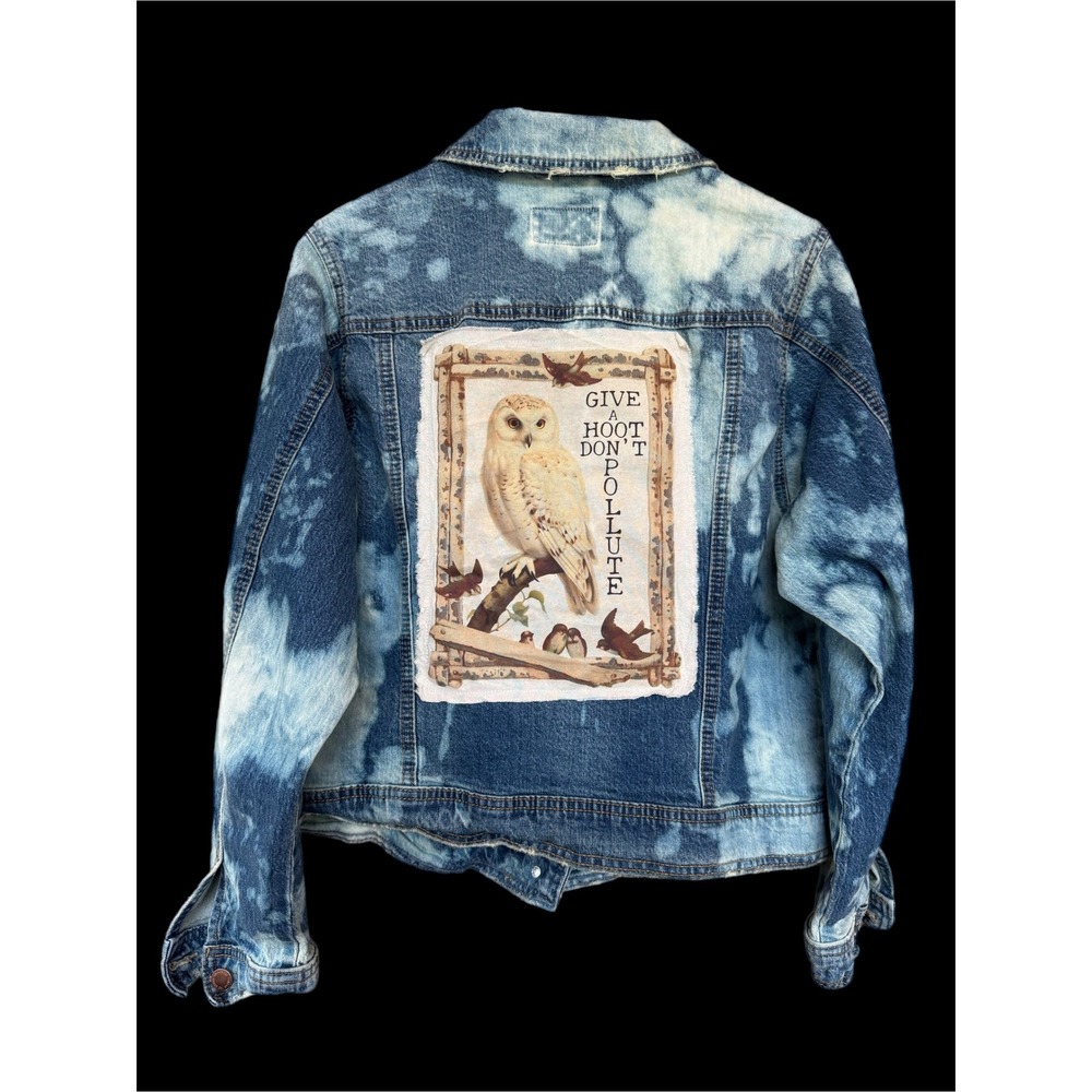 OOAK Bleached Owl Denim Jacket Give A Hoot Don't Pollute Art Medium